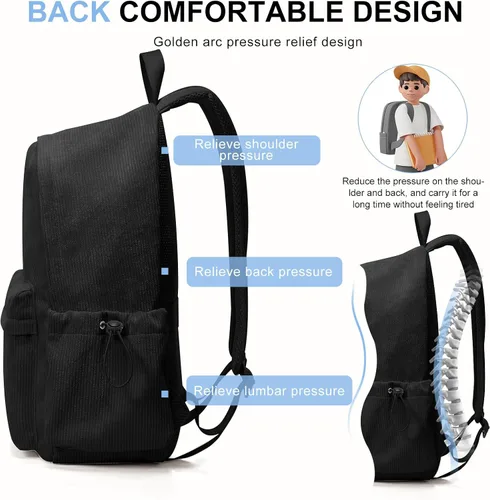 Vista 5 de Mochila Escolar Linda de Corduroy, Mochila Clásica Casual para Escuela Secundaria, Mochila Ligera para Universidad, negro (A1- Black), Classic