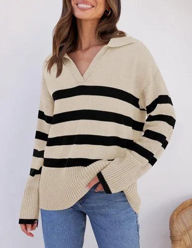 Vista 2 de ZESICA Women's 2024 Winter Sweaters Lapel V Neck Long Sleeve Striped Chunky Knit Oversized Pullover Sweater Jumper Tops