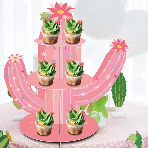 Vista 7 de Soporte para cupcakes de cactus rosa, soporte para cupcakes de fiesta mexicana para vaquera, cumpleaños, despedida de soltera