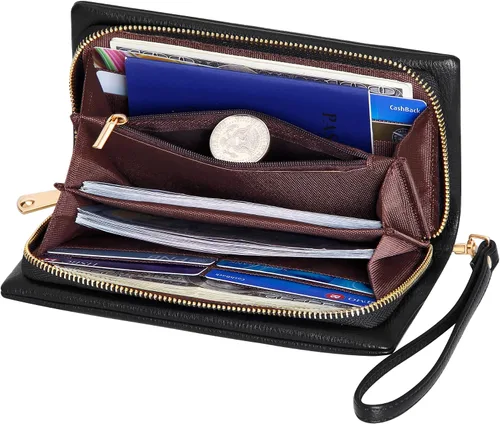Vista 4 de Cartera para mujer, cartera de mano con soporte para teléfono, tarjetero grande de cuero vegano suave, Casual