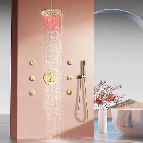 Vista 2 de Cabezal de ducha de lluvia de techo LED redondo de oro cepillado de 10 pulgadas, DULABRAHE termostático para baño, sistema de ducha de lluvia de Oro