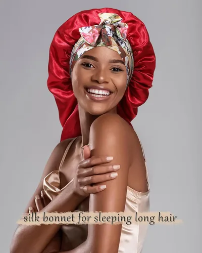 Vista 7 de Gorro largo de satén para trenzas, capó de seda para dormir, banda elástica para mujeres negras, cabello rizado