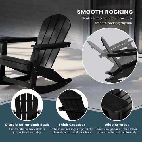 Vista 6 de HDPE Laguna Silla mecedora Adirondack de polietileno para exteriores (juego de 2), color negro