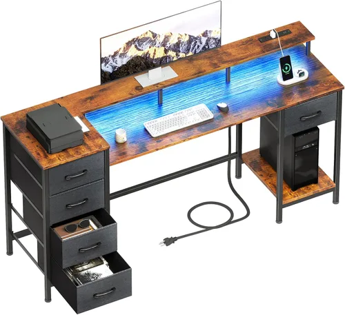 Vista 12 de Korfile - Escritorio para computadora de 47 pulgadas con 5 cajones de almacenamiento de tela, escritorio para juegos con tomas de corriente y luces
