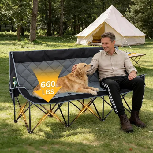 Vista 4 de Silla de campamento acolchada para 3 personas, sofá de campamento de gran tamaño, silla de campamento doble plegable resistente, sofá de dos plazas