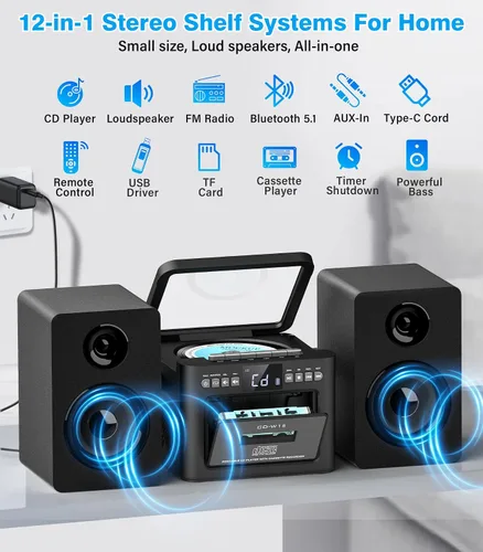 Vista 6 de Greadio Sistema estéreo para el hogar con CD Boombox y reproductor
