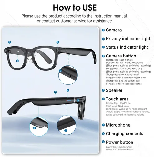 Vista 9 de Coucur Lentes inteligentes AI con cámara, gafas Bluetooth para hombres y mujeres (3 lentes)
