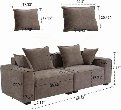 Vista 2 de WILLOVE Sofá moderno de 89.3 pulgadas para sala de estar, sofá nube con asiento profundo, cómodo sofá con reposabrazos extra anchos y 4 cojines
