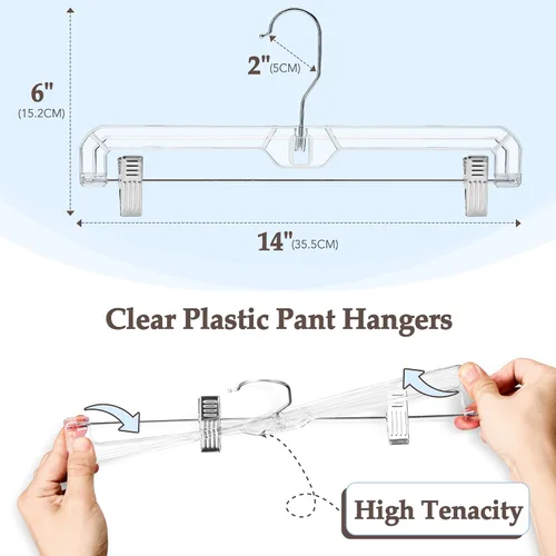 Vista 9 de HOUSE DAY Perchas para faldas transparentes con clips, percha antideslizante de plástico para pantalones con 2 clips ajustables, percha con clip