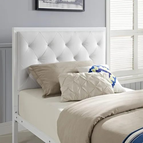 Vista 2 de Modway Mia - Base de cama de piel sintética copetuda, tamaño individual, color blanco y blanco