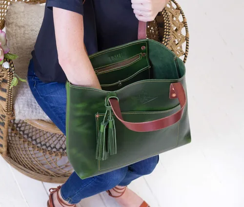 Vista 3 de Bolso de mano de cuero verde para mujer, bolso de cuero verde, bolso de cuero, bolso de mujer verde, bolso de cuero, bolsa de pañales, bolsa