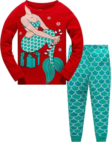 Vista 17 de Popshion Pijamas de sirena para niñas pequeñas, juego de 2 piezas, ropa de dormir 100% algodón, ropa para niños, pijamas estilo mariquita