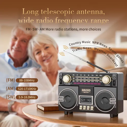 Vista 3 de AM FM Radio Portátil de onda corta Retro Radio Altavoz Bluetooth USB-C recargable, doble altavoz, recepción, perilla grande fácil de usar