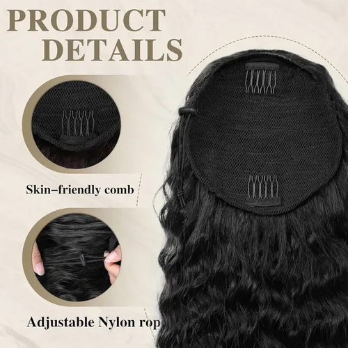 Vista 3 de Extensión de cola de caballo de cabello humano de 12 pulgadas con cordón rizado profundo para mujeres negras, extensión rizada 3C, color negro
