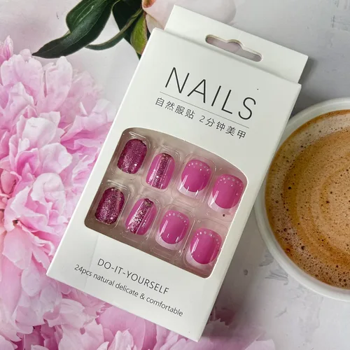 Vista 6 de Uñas postizas cortas cuadradas, acrílicas artificiales de color rosa rosa con diseño de lentejuelas coloridas, cobertura completa, reutilizables
