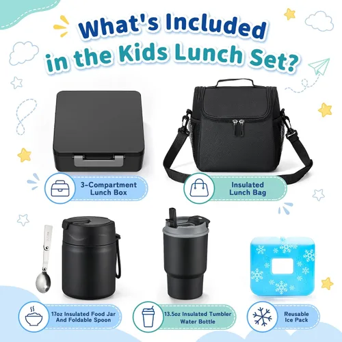 Vista 2 de Lonchera Bento para niños con termo de sopa de 17 onzas, botella de agua aislada y bolsa de almuerzo aislada, a prueba de fugas, contenedor