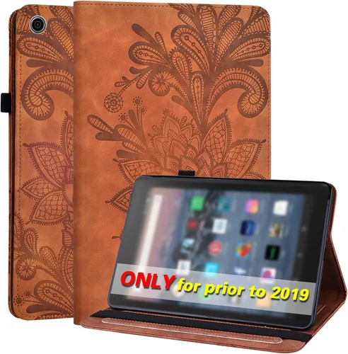 Vista 16 de Amazon Kindle Fire HD 8 8ª/7ª/6ª generación 2016/2017/2018, diseño de flores de encaje en relieve de piel sintética, a prueba de golpes, con soporte