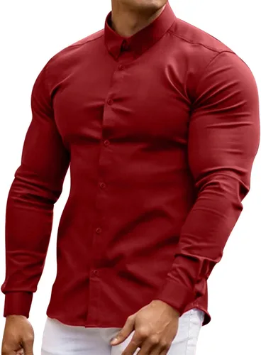 Vista 10 de Camisetas para hombre, estilo casual, con botones, de manga larga, color sólido, para vestir muscular, a la moda, para el trabajo, fitness, ropa