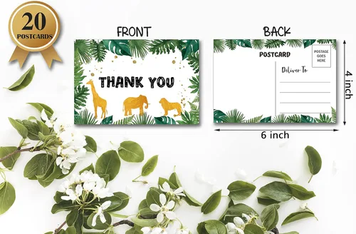 Vista 2 de Tarjetas postales de agradecimiento de cumpleaños, tarjetas de agradecimiento de animales de la selva verde para niños y niñas, fiesta