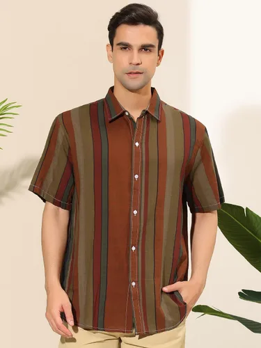 Vista 2 de Lars Amadeus Camisa de rayas irregulares con botones de manga corta y bloque de color de verano para hombre