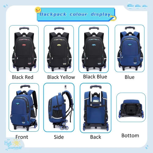Vista 2 de Mochila con ruedas elementales de color sólido, estampado de camuflaje para niños, Azul, Mochilas Daypack