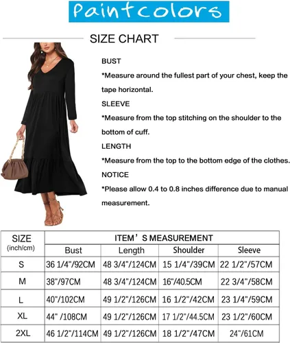 Vista 6 de Paintcolors Vestido largo casual de manga larga con cuello en V para mujer, vestido escalonado, color sólido, holgado, con vuelo, vestido midi