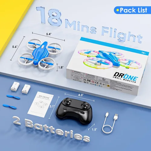Vista 7 de Dron para niños y principiantes con luz LED, pequeño dron de interior con luces RC, voltereta de 360, 2 baterías, juguete volador para niños, regalo