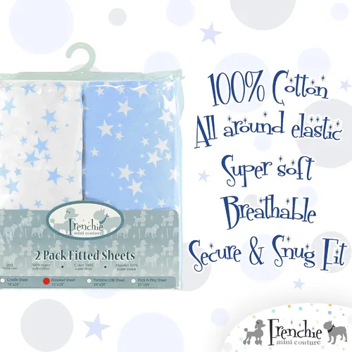 Vista 2 de Frenchie Mini Couture Sábanas para moisés, 100% algodón, estrellas azules, 15 x 33 pulgadas, paquete de 2