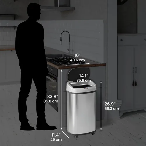 Vista 6 de SensorCan - Basurero con sensor de 13 galones con ruedas y sistema de control de olores AbsorbX, acero inoxidable, cubo de basura automático