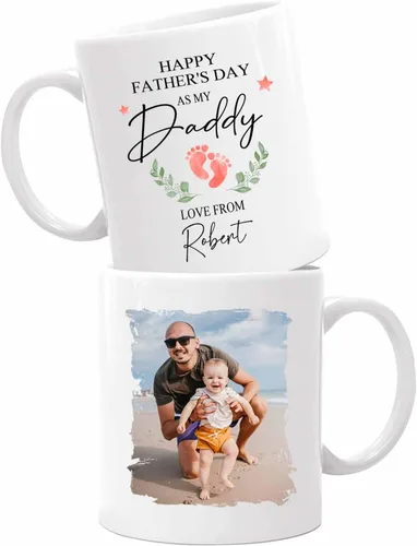 Vista 13 de Marco de fotos personalizado para niños, taza de café de regalo para papá y papá, taza de café blanca con texto en inglés "Dad We Love You", taza