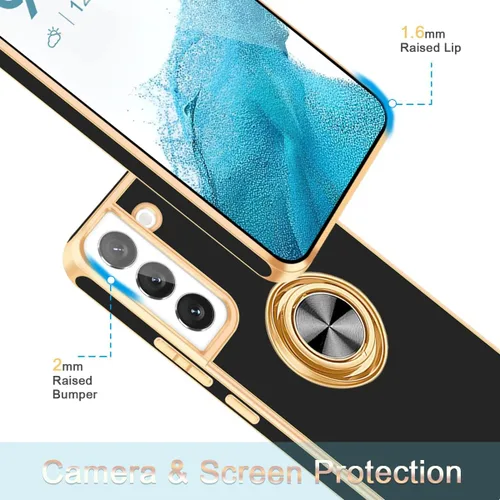 Vista 6 de Fingic Compatible con Samsung Galaxy S22 Funda con Soporte de Anillo, [Soporte de Anillo Giratorio 360° Magnético con Kickstand][Borde Dorado