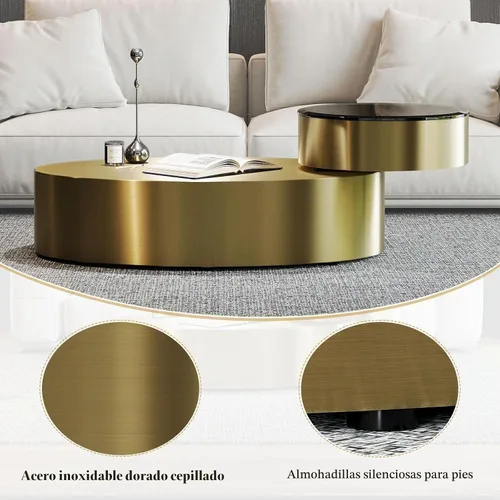 Vista 8 de Mesa auxiliar giratoria ovalada dorada, mesa central de lujo moderna de 2 niveles con parte superior redonda giratoria de 360°, mesa de té con base