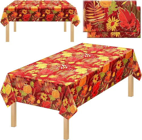 Vista 8 de Tegeme 1 mantel de plástico desechable con hojas de otoño de Acción de Gracias, diseño de hojas de arce, calabaza y arce, mantel de plástico