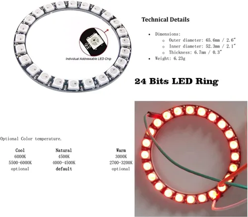 Vista 2 de 24 bits WS2812 RGB LED anillo 24 X 5050 WS2812B LED con controlador integrado direccionable individual programable para Arduino Raspberry Pi ESP32