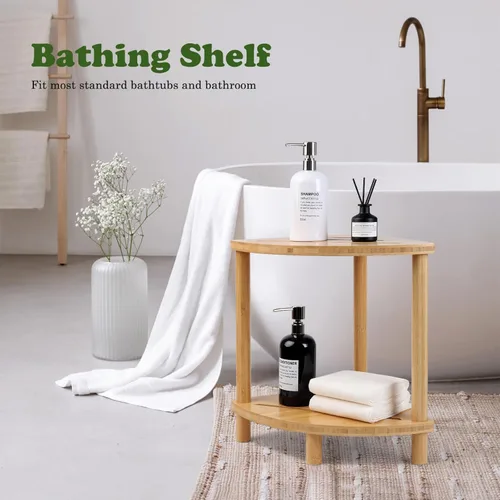 Vista 2 de Taburete de ducha de bambú para ducha interior de 2 niveles, banco de ducha de esquina Waterproof,Shower Foot Rest with Storage,Space-Saving,Bath