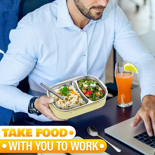 Vista 8 de Contenedor de almuerzo con retención de comida caliente, contenedor de almuerzo de oficina con compartimentos, acero inoxidable y plástico duradero