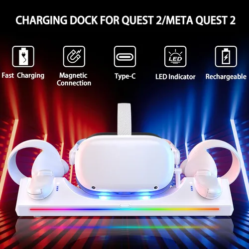 Vista 2 de WIOR Base de carga compatible con accesorios Oculus Quest 2, soporte de carga para auriculares VR, estación de carga magnética para Meta Quest 2