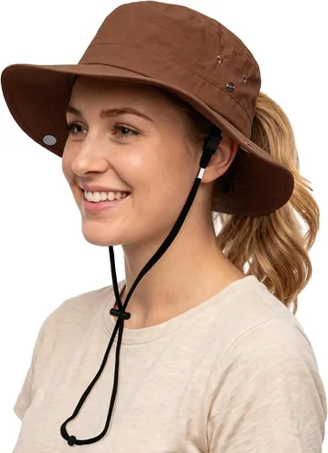 Vista 12 de Sombrero de sol para mujer con agujero para cola de caballo, ala ancha, UPF 50+, impermeable, plegable, con correa para la barbilla, para Blanco