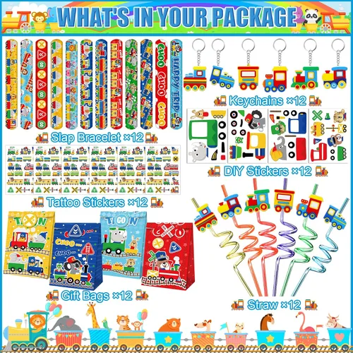Vista 2 de Erweicet Recuerdos de fiesta de tren, 72 unidades, calcomanías de bricolaje, tatuajes temporales, llaveros, pajitas de plástico, bolsas de regalo