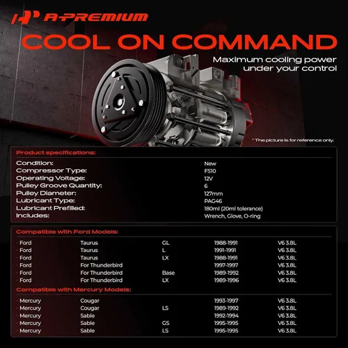 Vista 2 de A-Premium Compresor de A/C con embrague compatible con Ford Taurus 3.8L 1988-1991, Thunderbird 3.8L 1989-1997, Mercury Cougar 3.8L 1989-1997, Sable