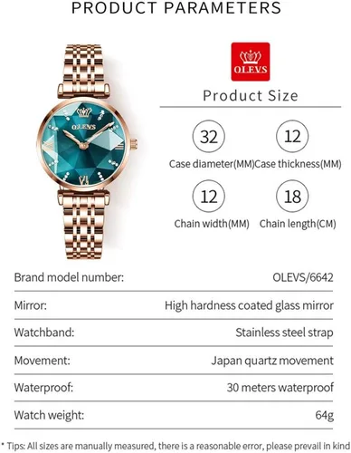 Vista 4 de OLEVS Reloj prismático con diamantes de moda, relojes de lujo para mujer, reloj de cuarzo analógico de acero fino y elegante Verde-Face