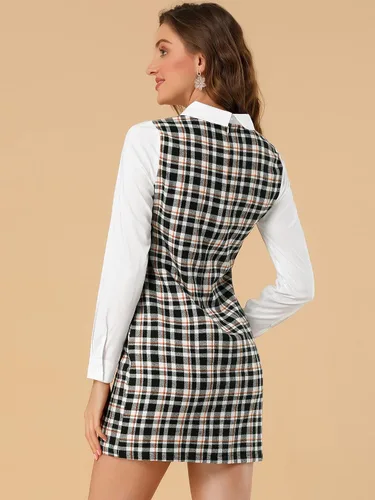 Vista 5 de Allegra K Vestido a cuadros de manga larga con cuello Peter Pan para mujer