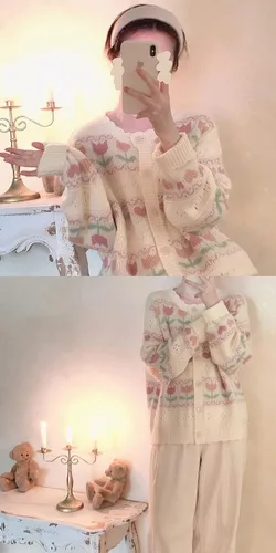 Vista 5 de CYee Suéter de punto con estampado floral Y2K para mujer, suéter de manga larga con botones, suéter estético para exteriores