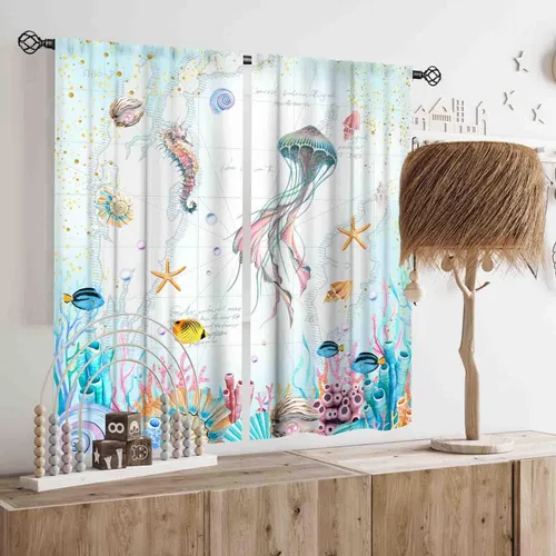 Vista 2 de Cortinas costeras, temática de playa de verano, acuarela, medusas náuticas, estrellas de mar, concha, caballito de mar, azul, opacas, cortinas