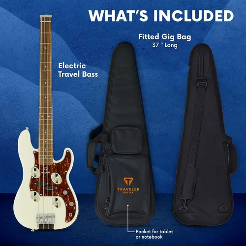 Vista 5 de Traveler Guitar TB-4P Pearl White Bass Guitarra de viaje con entrada auxiliar Bajo de 4 cuerdas con 22 trastes jumbo Bajo eléctrico portátil