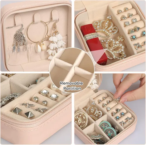 Vista 2 de Konelia Pequeño organizador de joyero, mini organizador portátil de joyería de viaje, caja de almacenamiento de anillos, aretes, collares, hijas