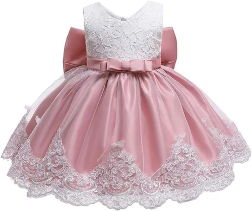 Vista 5 de Vestido de encaje y diadema formal con nudo de princesa y moño para niñas (color rojo sandía, 3-6 meses)
