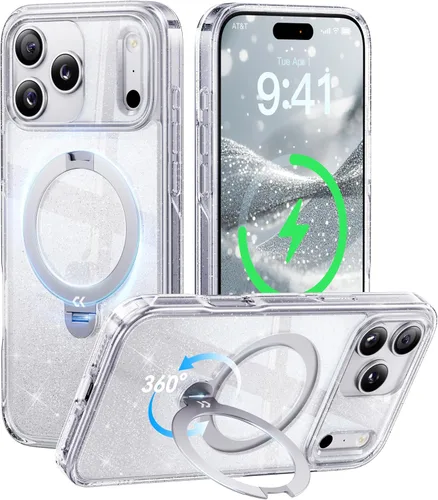 Vista 18 de CASEKOO Funda plateada brillante para iPhone 17 Pro con soporte magnético giratorio de 360 grados [compatible con MagSafe]