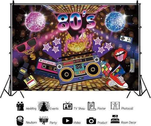 Vista 2 de Leyiyi Telón de fondo de fiesta de los años 80 de 5 x 3 pies con temática musical para fotografía, estilo retro, fondo de neón de los 80, hip hop