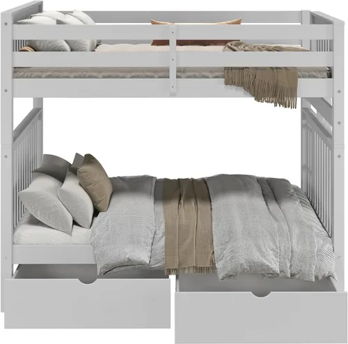 Vista 9 de Bedz King Literas de estilo misión matrimonial sobre tamaño matrimonial con escalera lateral y 2 cajones debajo de la cama, color gris